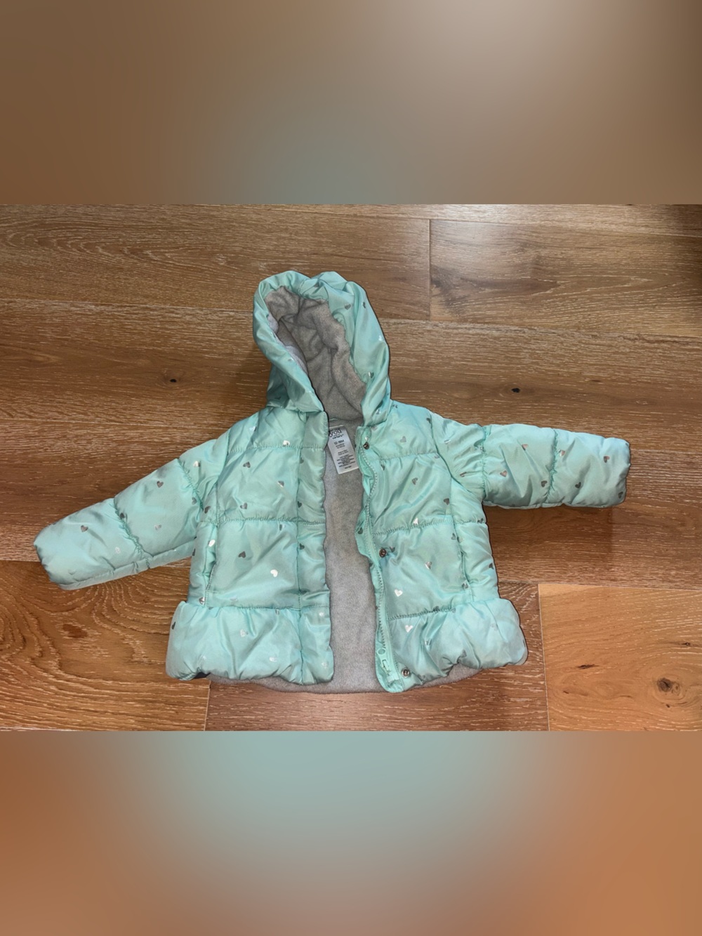 Mint Puffer Hooded Baby Jacket with Heart Details